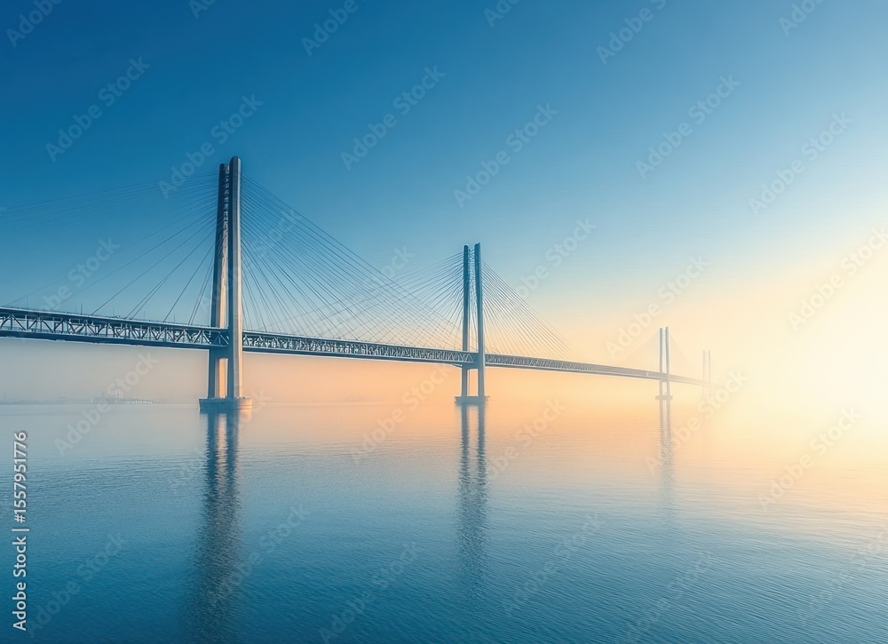 Obraz premium Long cable-stayed bridge extending over calm water under clear blue sky with morning sunlight and mist creating a serene and peaceful atmosphere