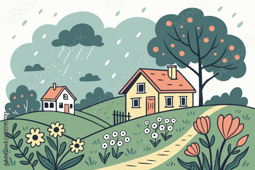 Charming Hand Drawn Landscape Illustration Featuring Two Houses on Rolling Hills Lush Greenery and a Gentle Rain Shower Evoking a Sense of Tranquility and Whimsical