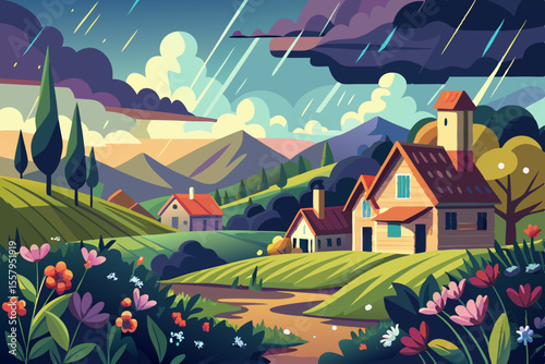 Stylized Countryside Landscape with Houses and Flowers Featuring Rolling Green Hills Distant Mountains and a Dramatic Sky with Rain Showers in a Colorful Cartoon Style