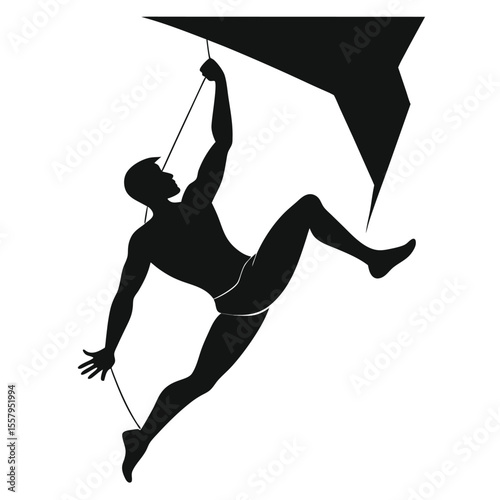 Silhouette climber ascending a rock face using ropes against a white background