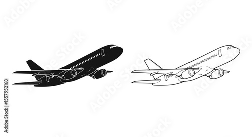 Illustration featuring two airplanes one in black silhouette and one in outline style