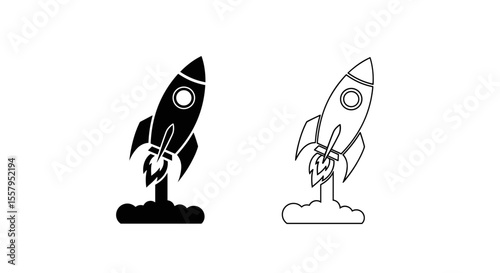 Two rockets launching with flames and smoke in black and white illustration style