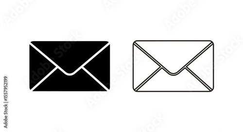 Two stylized envelopes one filled in black and one outlined in white on white background