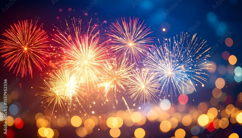 Naklejka premium Out-of-focus fireworks bokeh lights on a dark background, dreamy sparkles in red.