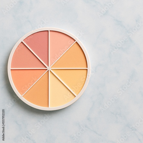 Minimalist top view of a round multitone pastel makeup palette on a soft blue marble surface, featuring warm peach, beige and nude tones perfect for cosmetic branding visuals

