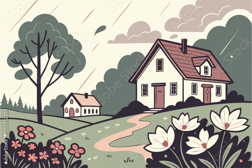 Serene Landscape with Houses Flowers and Trees in a Stylized Vector Illustration Perfect for Children s Books Nature Themed Designs or Whimsical Backgrounds with a