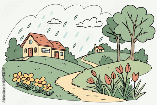 Hand drawn illustration of a cozy house in the countryside on a rainy day with flowers trees and a winding path creating a peaceful and