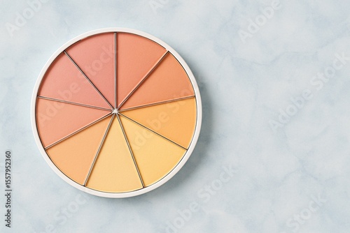Minimalist top view of a round multitone pastel makeup palette on a soft blue marble surface, featuring warm peach, beige and nude tones perfect for cosmetic branding visuals

