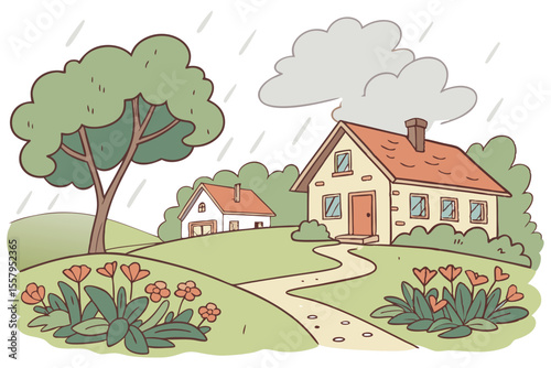 Cartoon illustration of a cozy house in the countryside on a rainy day with flowers trees and a winding path creating a peaceful and idyllic