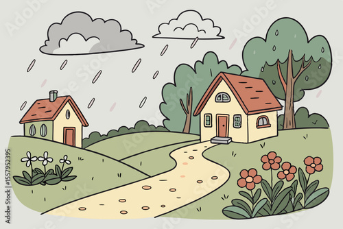 Cartoon illustration of a rainy day in the countryside with two houses trees flowers and a winding path creating a whimsical and charming scene with