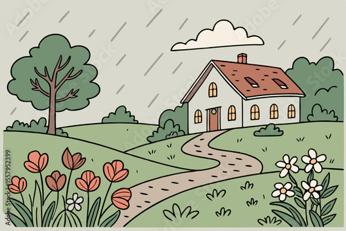 Whimsical Rainy Day Landscape with House Flowers and Trees A charming illustration depicting a cozy home nestled in a green landscape under a gentle rain