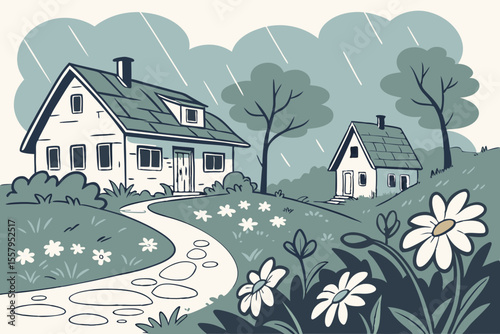 Rainy Day Landscape with Houses and Flowers a Serene and Peaceful Scene Depicting Countryside Living with a Stone Path and Lush Greenery in a Stylized