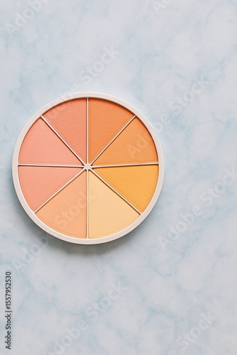 Minimalist top view of a round multitone pastel makeup palette on a soft blue marble surface, featuring warm peach, beige and nude tones perfect for cosmetic branding visuals

