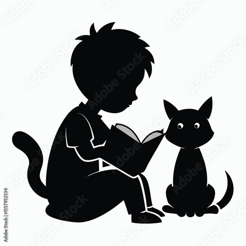 Silhouette illustration of a young child reading a book alongside a friendly cat companion