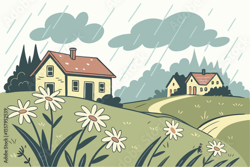 Cartoon Illustration of a Rainy Day in the Countryside with Houses Flowers and Rolling Hills Evoking a Sense of Peacefulness and Simple Living in a