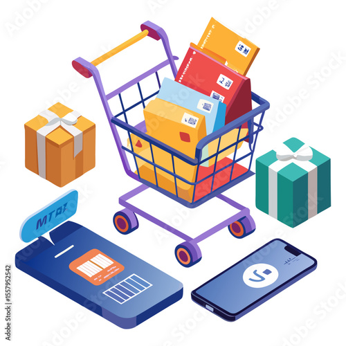 An isometric illustration depicting online shopping and e-commerce, with a shopping cart overflowing with packages, gifts, and smartphones displaying payment and barcode features.