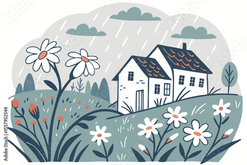 Whimsical Illustration of a Countryside House in the Rain with Daisies Trees and Clouds creating a serene and charming rural scene with a touch of