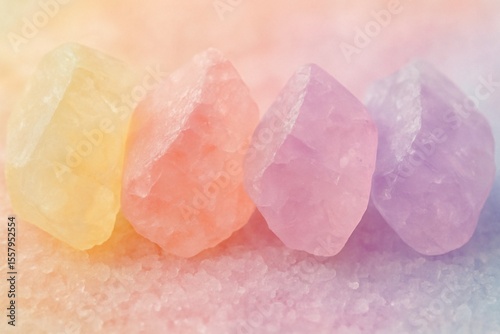 Four raw pastel crystals in yellow, peach, pink, and purple tones resting on matching crystal sand, with a dreamy soft-focus background perfect for design, healing, or decor themes

