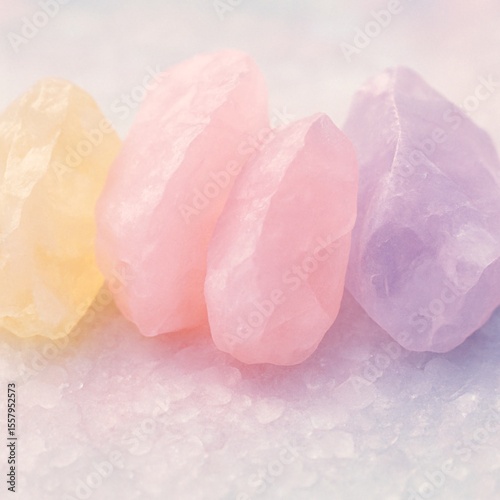 Four raw pastel crystals in yellow, peach, pink, and purple tones resting on matching crystal sand, with a dreamy soft-focus background perfect for design, healing, or decor themes

