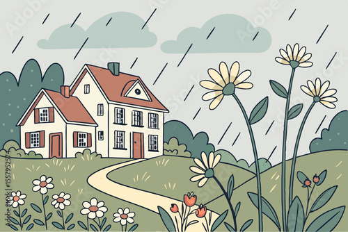 Cozy House in the Rain with Flowers a charming illustration of a home surrounded by nature during a gentle rain shower with blooming flowers in