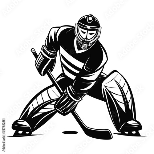 Silhouette illustration of an ice hockey goalie in action on a white background