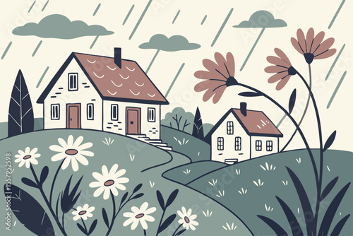 Whimsical Rainy Day Landscape with Houses and Flowers featuring a charming and cozy scene with a soft color palette and hand drawn style perfect for
