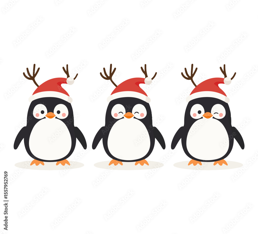 Fototapeta premium Christmas set with penguins characters. Penguins cartoon vector illustration.