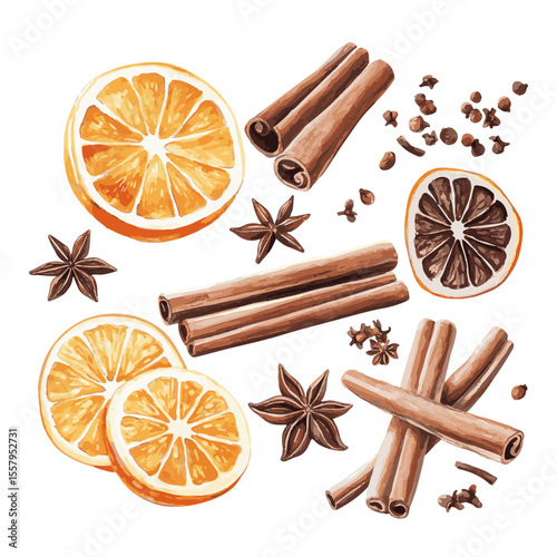 A cozy Christmas set with cinnamon, an orange decoration, and a candle with pine cones, featuring festive watercolor illustrations. Vector illustration.