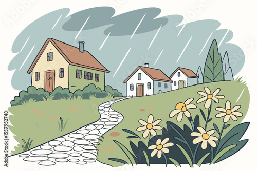 Illustration of a rainy day in a quaint village with houses a stone path flowers and trees creating a peaceful and charming scene with a