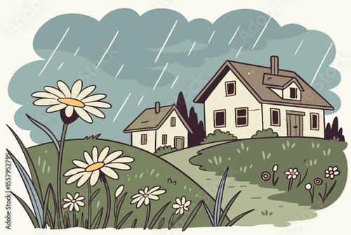 Cartoon illustration of a rainy day in the countryside with houses flowers and green hills creating a cozy and whimsical atmosphere perfect for children s