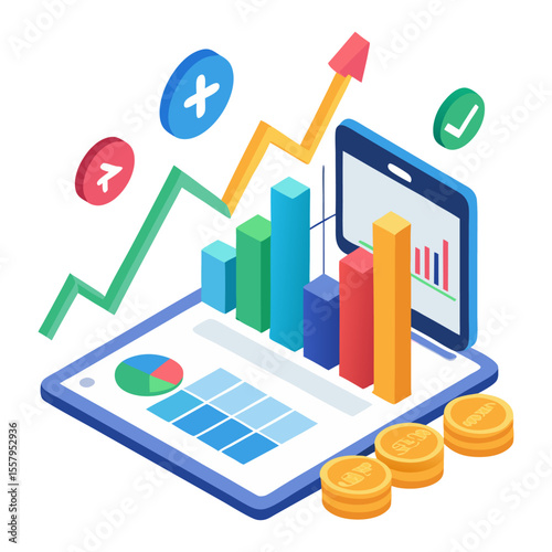 financial analysis and growth, with a tablet displaying charts, bar graphs, an upward trend line, coins, and check/cross symbols, symbolizing investment and data-driven decisions.