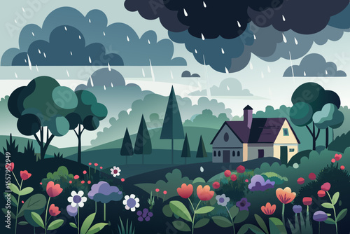 Stylized Rainy Day Landscape with House and Flowers featuring dark moody clouds and rain falling over a colorful garden and home in a peaceful rural