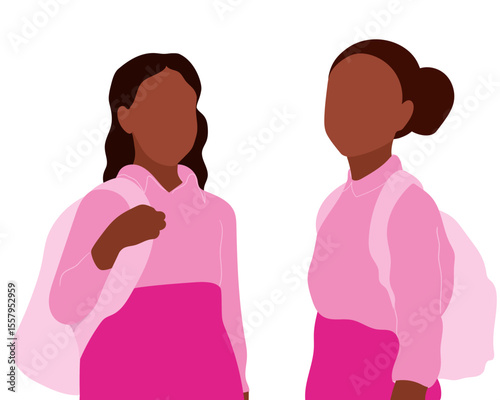 Finishing school faceless afro female students characters wearing pink uniform and backpacks. Flat style back to school vector design