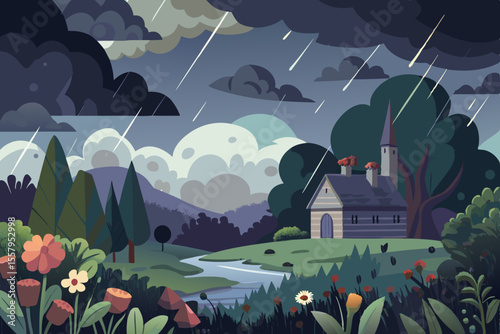 Vector illustration of a rainy landscape with a house river trees and flowers depicting a serene yet melancholic atmosphere with dark clouds and falling rain
