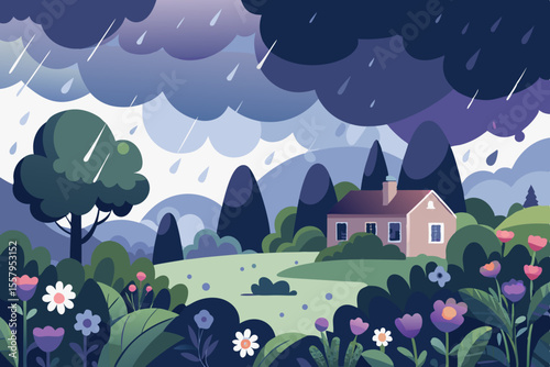 Stylized Illustration of a House in a Landscape During a Rainstorm with Flowers and Trees Creating a Serene yet Dramatic Scene in Nature