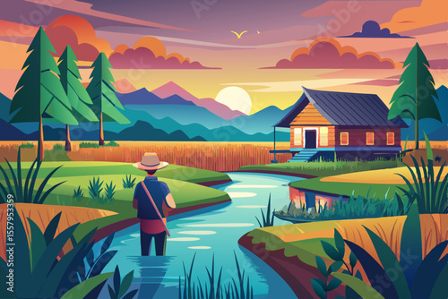 Peaceful Rural Scene with Farmer in Stream at Sunset Featuring a Cozy House Mountains and Lush Vegetation in a Stylized Colorful Vector Illustration
