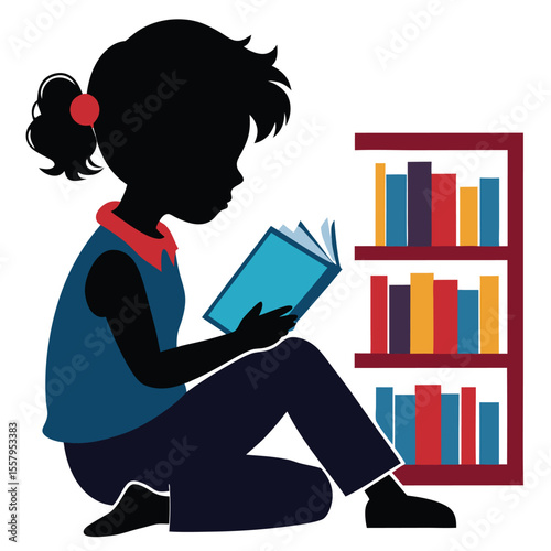 Silhouette of a child reading a book next to a bookshelf in a simple minimalist style