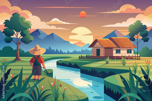 Peaceful Countryside Illustration with Farmer River and House at Sunset featuring a serene landscape with a traditional home and a person enjoying the scenic view