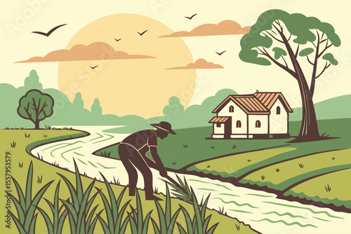 Rural Landscape Illustration with Farmer House and River A serene depiction of countryside life featuring a farmer tending to crops near a river and a