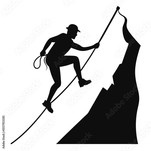 Silhouette of a climber ascending mountain peak with rope and safety gear