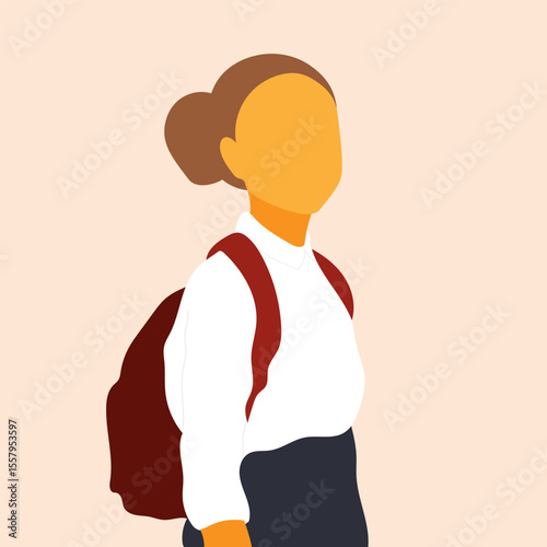 Minimalist flat design of schoolgirl in uniform. First day of school faceless character illustration