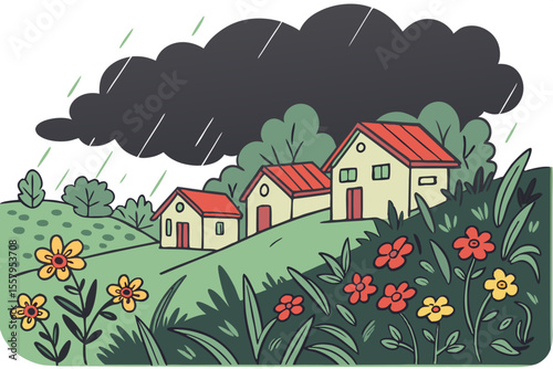 Cartoon illustration of houses on a hill under a rain cloud surrounded by flowers and trees creating a whimsical and slightly ominous scene in nature