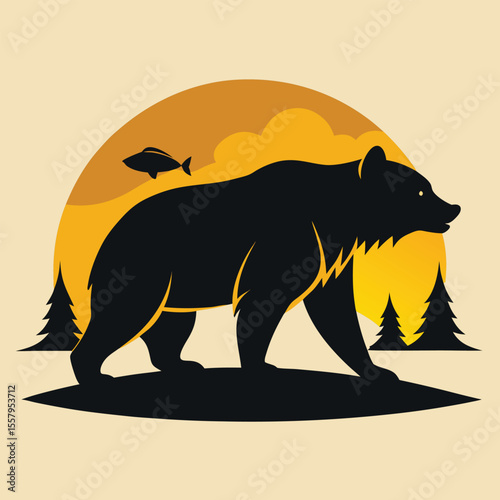 Silhouette of a grizzly bear walking in a forest landscape under a sunset