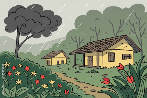 Cartoon illustration of a rainy day in the countryside with two small houses flowers trees and a path creating a peaceful and slightly melancholic scene