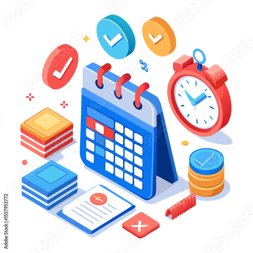 Isometric illustration of a calendar, clock, and checkmarks, symbolizing effective time management, scheduling, and task completion for productivity and organization.