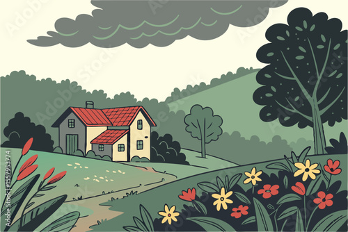 Stylized Illustration of a Countryside Home with Flowers and Trees Featuring a Red Roofed House Under a Cloudy Sky Evoking a Sense of Tranquility and