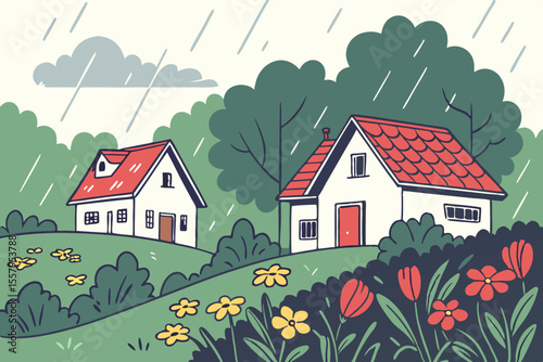 Cartoon illustration of two houses in the countryside during a rain shower surrounded by green trees and colorful flowers creating a whimsical and charming scene