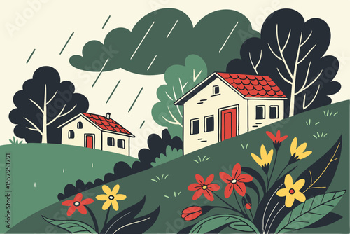 Stylized Illustration of Two Houses on a Hillside in the Rain with Flowers Trees and Clouds Creating a Cozy and Slightly Melancholy Atmosphere in Nature