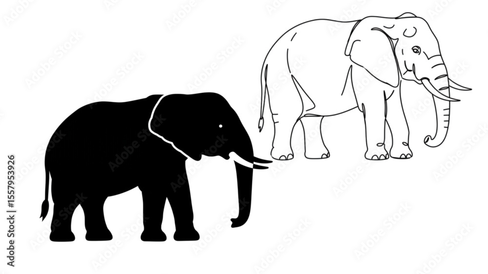 Fototapeta premium African Elephant Silhouette and Line Art Vector Collection