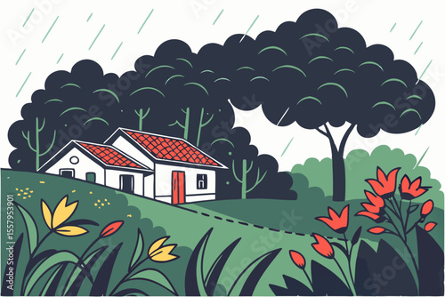 Rainy Day Cottage Illustration with Flowers and Trees a serene scene of a cozy house nestled in nature during a gentle rain shower evoking peace
